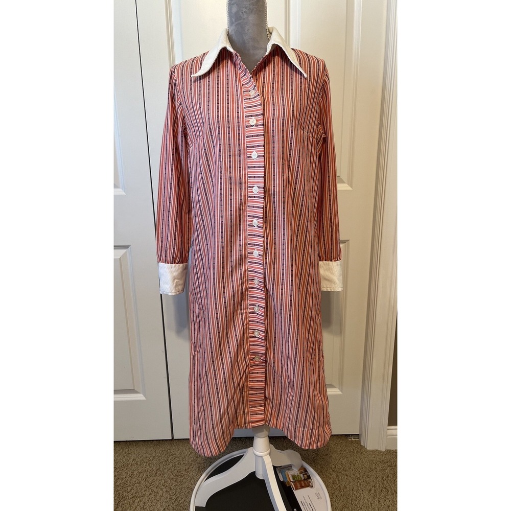 VTG 70s 80s Red White Blue Wide Collar Midi Shirt Dress Sz M/L Serbin of Florida